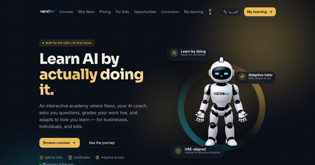 NexoAI Academy homepage showing the Learn AI by actually doing it experience