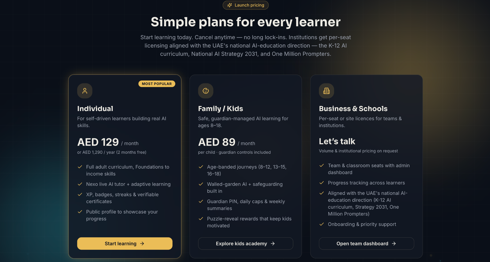 NexoAI Academy pricing plans for individuals, families and businesses